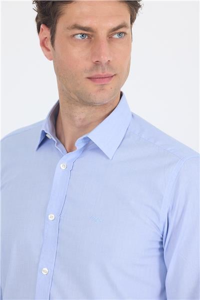 Mavi Uzun Kol Filafil Desen Filafil Sert Yaka Cepsiz Pamuklu Basic Slim Fit Gömlek 1004250008