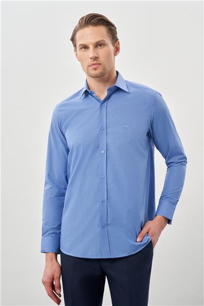Mavi Uzun Kol Filafil Sert Yaka Slim Fit Dar Kesim Basic Gömlek 1004210008