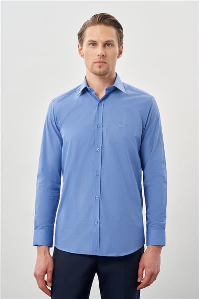 Mavi Uzun Kol Filafil Sert Yaka Slim Fit Dar Kesim Basic Gömlek 1004210008