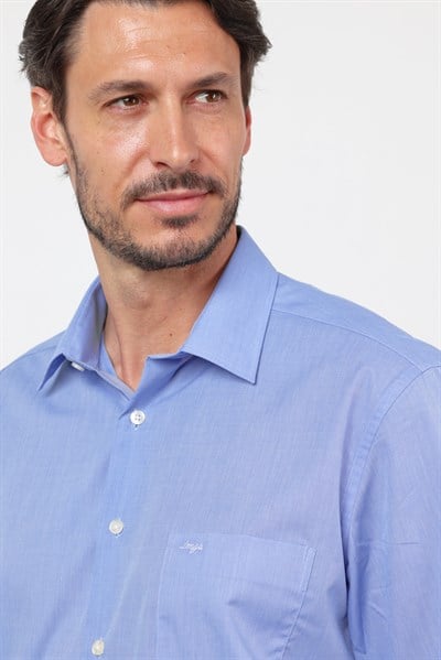Mavi Uzun Kol Sert Yaka Düz Pamuklu Comfort Fit Gömlek 1004260002