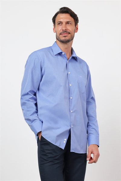 Mavi Uzun Kol Sert Yaka Düz Pamuklu Comfort Fit Gömlek 1004260002