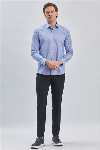 Mavi Uzun Kollu Bez Ayağı Sert Yaka Cepsiz Pamuklu Klasik Slim Fit Dar Kesim Gömlek 1004240230