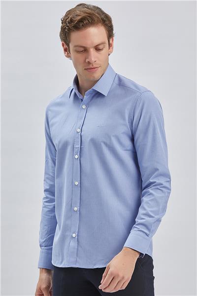 Mavi Uzun Kollu Bez Ayağı Sert Yaka Cepsiz Pamuklu Klasik Slim Fit Dar Kesim Gömlek 1004240230