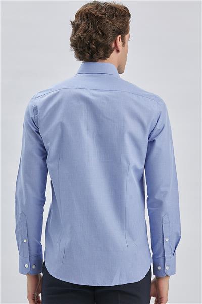 Mavi Uzun Kollu Bez Ayağı Sert Yaka Cepsiz Pamuklu Klasik Slim Fit Dar Kesim Gömlek 1004240230
