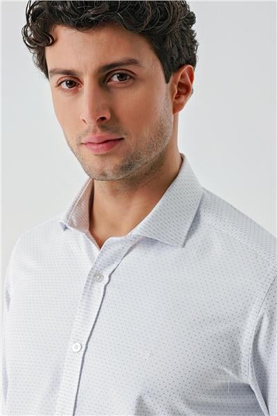 Mavi Uzun Kollu Desenli Armürlü Cepsiz Pamuklu Klasik Slim Fit Dar Kesim Gömlek 1004240189