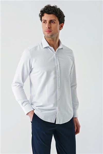 Mavi Uzun Kollu Desenli Armürlü Cepsiz Pamuklu Klasik Slim Fit Dar Kesim Gömlek 1004240189
