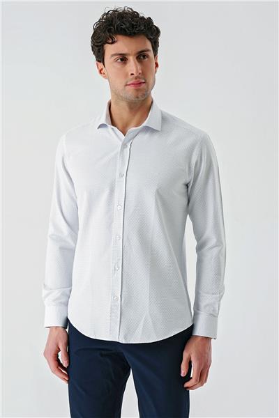 Mavi Uzun Kollu Desenli Armürlü Cepsiz Pamuklu Klasik Slim Fit Dar Kesim Gömlek 1004240189