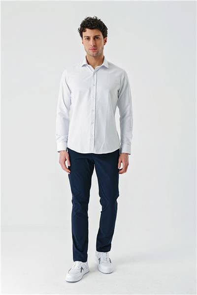 Mavi Uzun Kollu Desenli Armürlü Cepsiz Pamuklu Klasik Slim Fit Dar Kesim Gömlek 1004240189