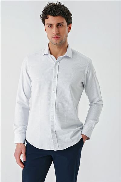Mavi Uzun Kollu Desenli Armürlü Cepsiz Pamuklu Klasik Slim Fit Dar Kesim Gömlek 1004240189