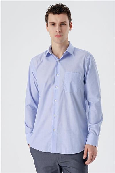 Mavi Uzun Kollu Filafil Sert Yaka Cepli Pamuklu Basic Comfort Fit Gömlek 1004240002