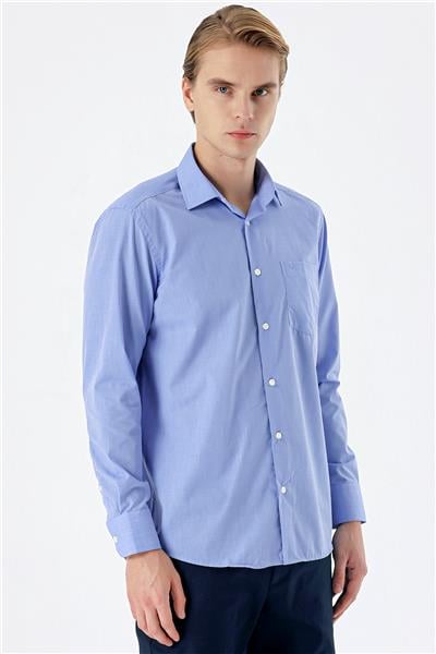 Mavi Uzun Kollu Filafil Sert Yaka Cepli Pamuklu Basic Comfort Fit Gömlek 1004240002