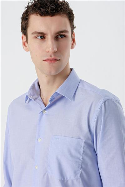 Mavi Uzun Kollu Filafil Sert Yaka Cepli Pamuklu Basic Comfort Fit Gömlek 1004240002