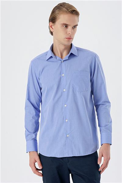 Mavi Uzun Kollu Filafil Sert Yaka Cepli Pamuklu Basic Comfort Fit Gömlek 1004240002
