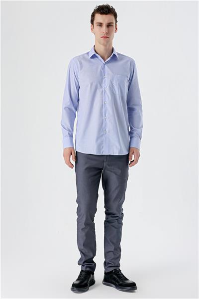 Mavi Uzun Kollu Filafil Sert Yaka Cepli Pamuklu Basic Comfort Fit Gömlek 1004240002