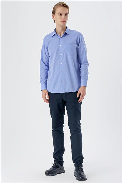 Mavi Uzun Kollu Filafil Sert Yaka Cepli Pamuklu Basic Comfort Fit Gömlek 1004240002