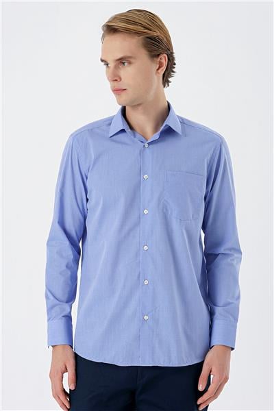 Mavi Uzun Kollu Filafil Sert Yaka Cepli Pamuklu Basic Comfort Fit Gömlek 1004240002
