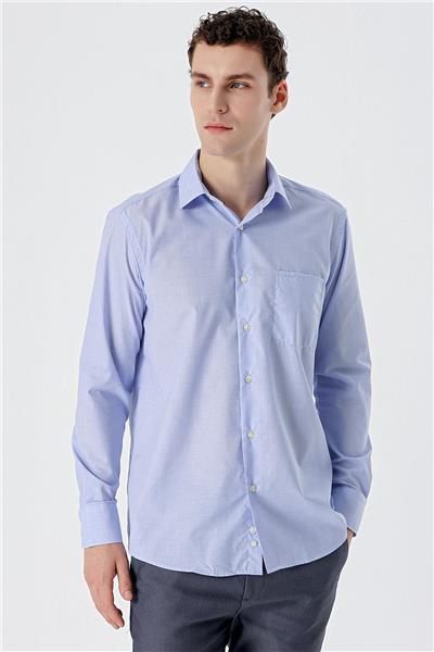Mavi Uzun Kollu Filafil Sert Yaka Cepli Pamuklu Basic Comfort Fit Gömlek 1004240002
