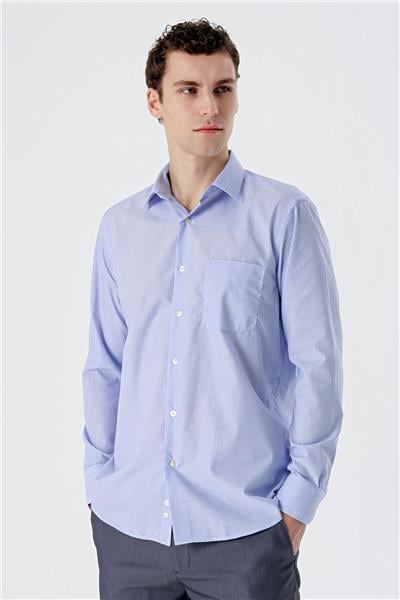 Mavi Uzun Kollu Filafil Sert Yaka Cepli Pamuklu Basic Comfort Fit Gömlek 1004240002