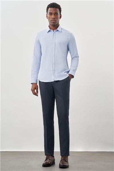 Mavi Uzun Kollu Sert Yaka Cepsiz Pamuklu Likralı Klasik Slim Fit Dar Kesim Gömlek 1004245234