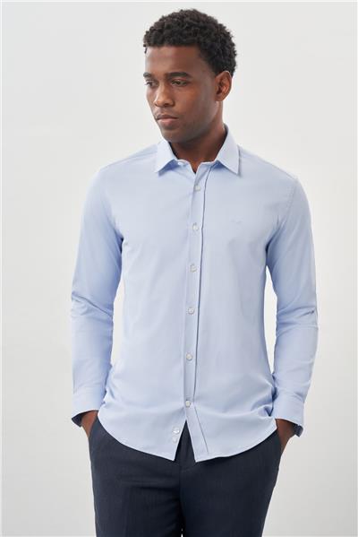Mavi Uzun Kollu Sert Yaka Cepsiz Pamuklu Likralı Klasik Slim Fit Dar Kesim Gömlek 1004245234