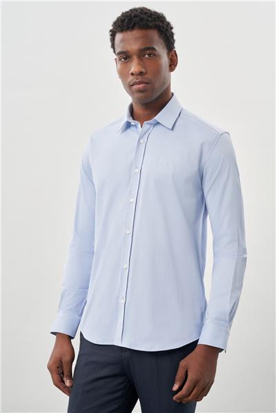 Mavi Uzun Kollu Sert Yaka Cepsiz Pamuklu Likralı Klasik Slim Fit Dar Kesim Gömlek 1004245234