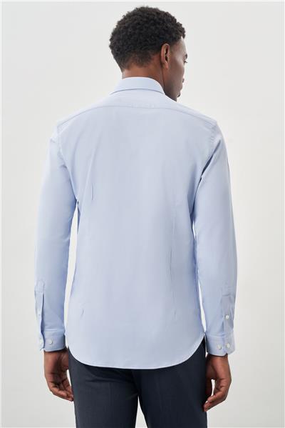 Mavi Uzun Kollu Sert Yaka Cepsiz Pamuklu Likralı Klasik Slim Fit Dar Kesim Gömlek 1004245234