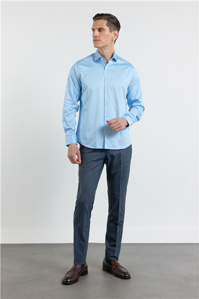 Mavi Yarım İtalyan Yaka Saten Uzun Kol Premium Slim Fit %100 Pamuk Gömlek 1004255195