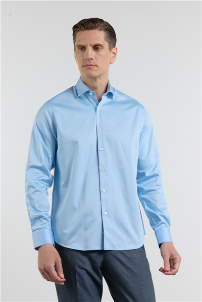 Mavi Yarım İtalyan Yaka Saten Uzun Kol Premium Slim Fit %100 Pamuk Gömlek 1004255195