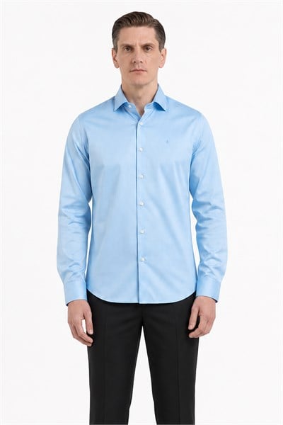 Mavi Yarım İtalyan Yaka Saten Uzun Kol Premium Slim Fit %100 Pamuk Gömlek 1004255195