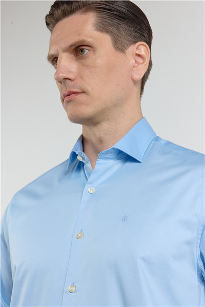 Mavi Yarım İtalyan Yaka Saten Uzun Kol Premium Slim Fit %100 Pamuk Gömlek 1004255195