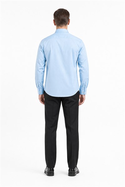 Mavi Yarım İtalyan Yaka Saten Uzun Kol Premium Slim Fit %100 Pamuk Gömlek 1004255195