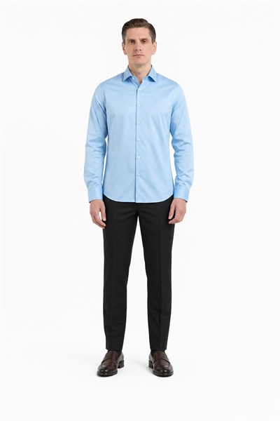 Mavi Yarım İtalyan Yaka Saten Uzun Kol Premium Slim Fit %100 Pamuk Gömlek 1004255195