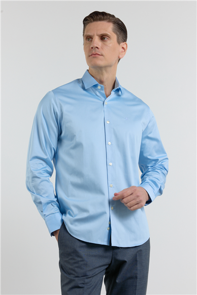 Mavi Yarım İtalyan Yaka Saten Uzun Kol Premium Slim Fit %100 Pamuk Gömlek 1004255195