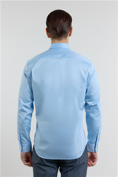 Mavi Yarım İtalyan Yaka Saten Uzun Kol Premium Slim Fit %100 Pamuk Gömlek 1004255195