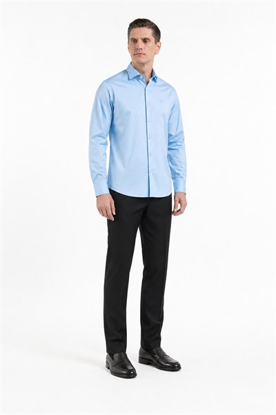 Mavi Yarım İtalyan Yaka Saten Uzun Kol Premium Slim Fit %100 Pamuk Gömlek 1004255195