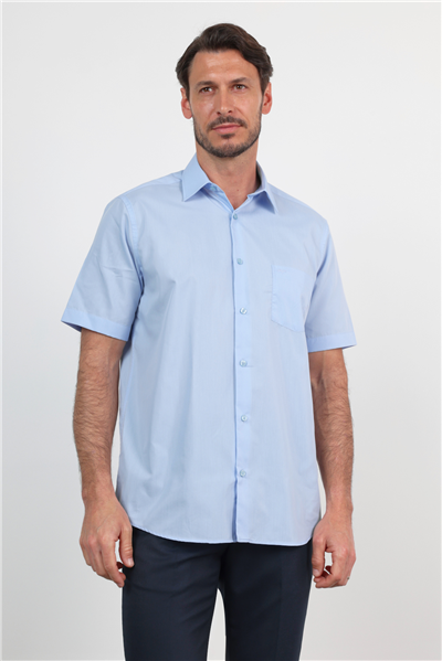 Mavi Sert Yaka Kısa Kol Cepli Comfort Fit Pamuklu Gömlek 1004260258