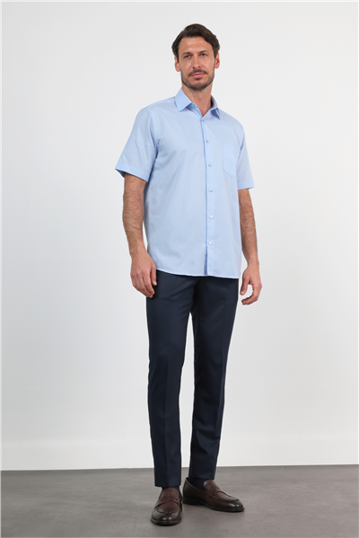 Mavi Sert Yaka Kısa Kol Cepli Comfort Fit Pamuklu Gömlek 1004260258