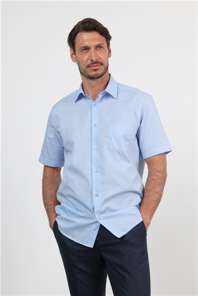 Mavi Sert Yaka Kısa Kol Cepli Comfort Fit Pamuklu Gömlek 1004260258