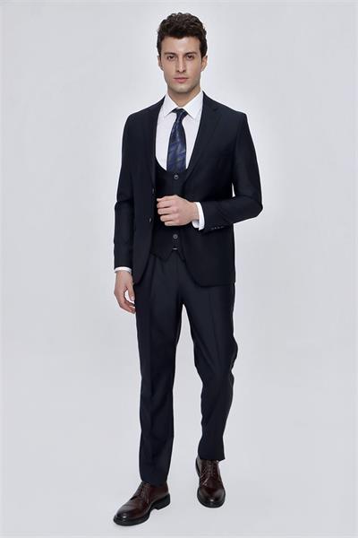 Lacivert Mono Yaka Astarlı Yelekli 6 Drop Slim Fit Dar Kesim Takım Elbise 1001225186