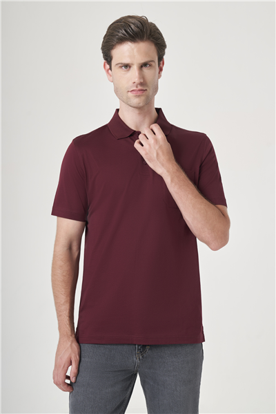 Mor Polo Yaka Kısa Kol Cepli Comfort Fit %100 Pamuk Tişört 1011260163