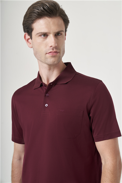 Mor Polo Yaka Kısa Kol Cepli Comfort Fit %100 Pamuk Tişört 1011260163