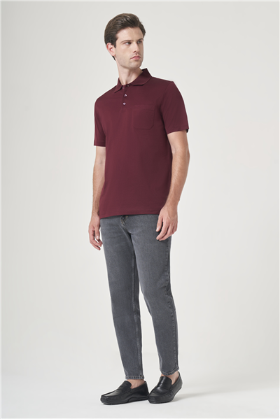 Mor Polo Yaka Kısa Kol Cepli Comfort Fit %100 Pamuk Tişört 1011260163