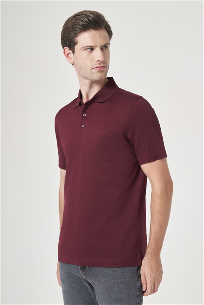 Mor Polo Yaka Kısa Kol Cepli Comfort Fit %100 Pamuk Tişört 1011260163