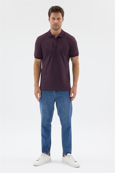 Mor Polo Yaka Pike Kısa Kol Slim Fit %100 Pamuk Tişört 1011260171