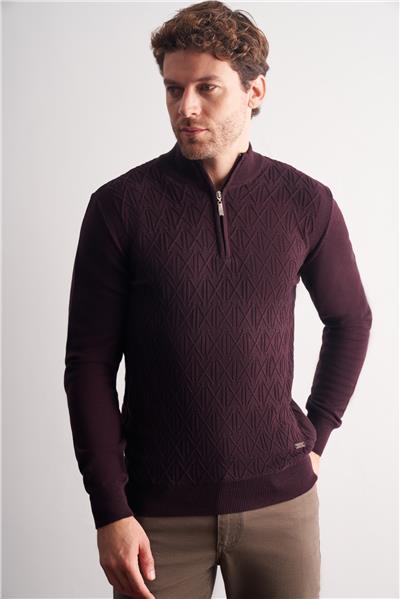 Mürdüm Dik Yaka Uzun Kol Cepsiz Slim Fit Casual Pamuklu Triko Kazak 1012255108