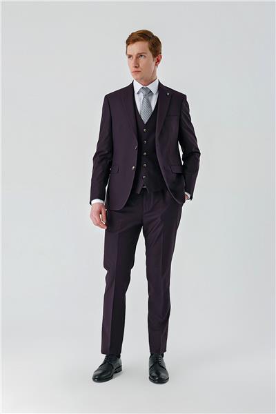 Mürdüm Gabardin Kırlangıç Yaka Yelekli 6 Drop Slim Fit Klasik Takım Elbise 1001240187