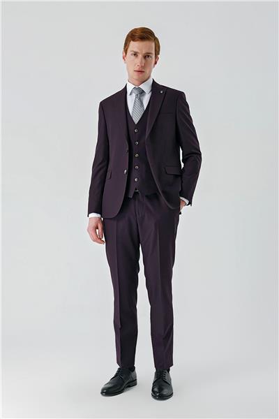 Mürdüm Gabardin Kırlangıç Yaka Yelekli 6 Drop Slim Fit Klasik Takım Elbise 1001240187