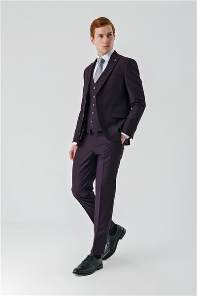 Mürdüm Gabardin Kırlangıç Yaka Yelekli 6 Drop Slim Fit Klasik Takım Elbise 1001240187