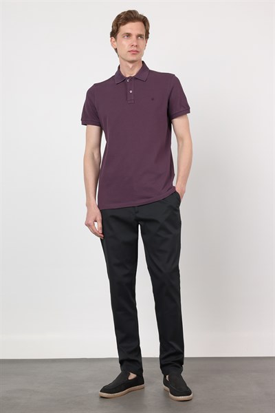 Mor Polo Yaka Kısa Kol Cepsiz Slim Fit Pamuklu Tişört 1011260154
