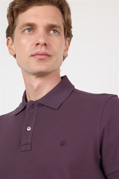 Mor Polo Yaka Kısa Kol Cepsiz Slim Fit Pamuklu Tişört 1011260154